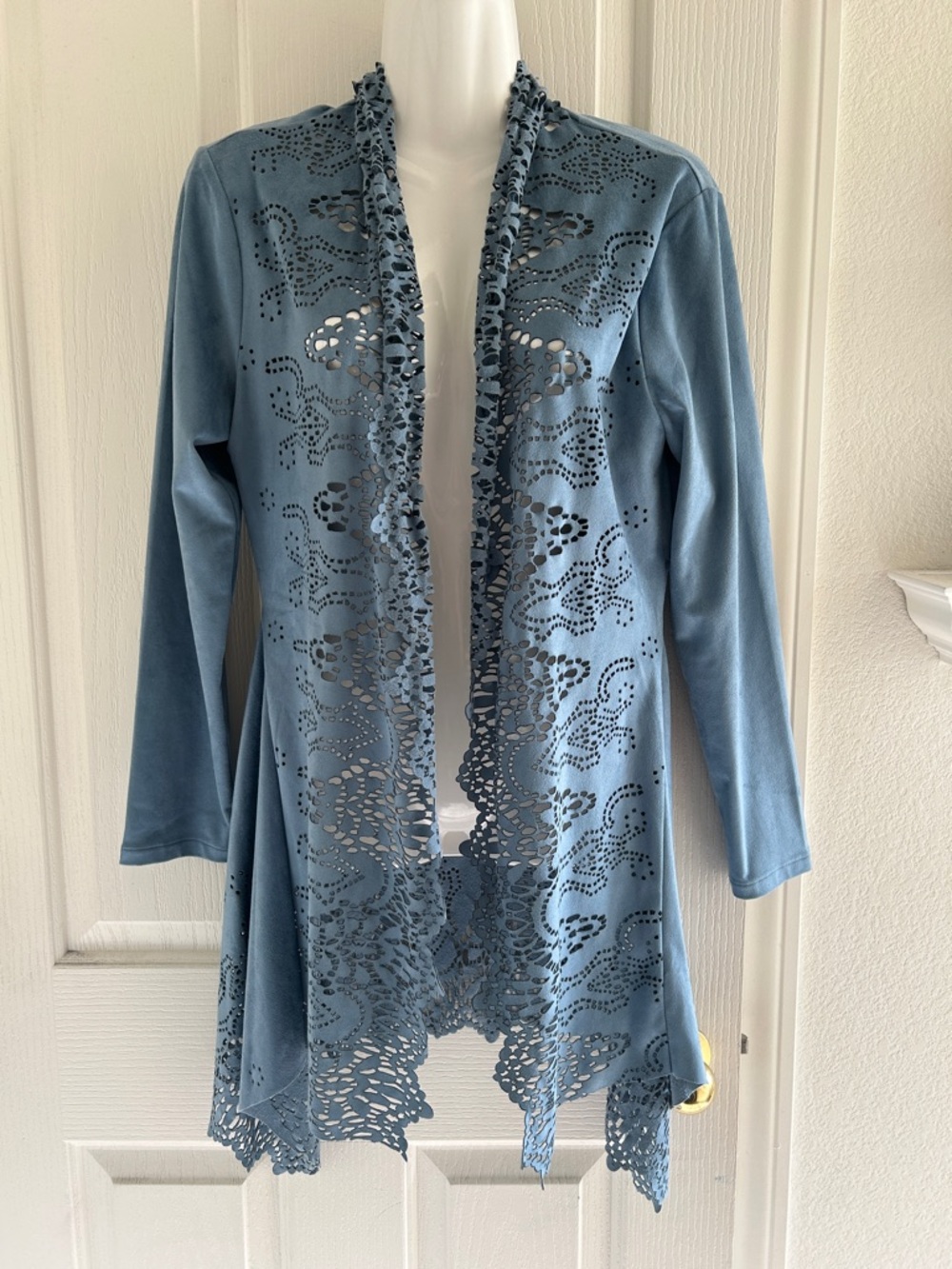 Alberto Makali Slate Blue Laser-Cut Open Cardigan